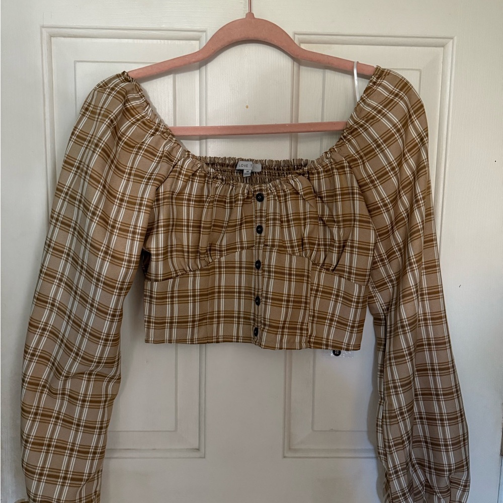 Love Tree Brown Plaid Off-Shoulder Blouse